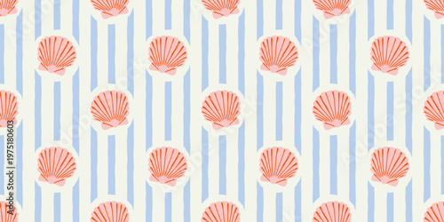 Tropical beach sea shell seamless pattern. Summer marine animal background design. Vacation travel concept. Ocean seashell flat cartoon backdrop illustration.