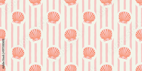 Tropical beach sea shell seamless pattern. Summer marine animal background design. Vacation travel concept. Ocean seashell flat cartoon backdrop illustration.