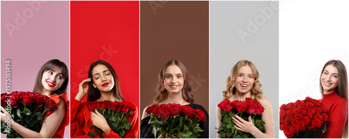Beautiful women with bouquets of red roses on colorful backgrounds. Collection of portraits