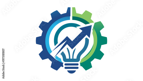 Vector icon illustration featuring a gear, lightbulb, and upward arrow, symbolizing business growth, innovative strategy, industrial efficiency, creative problem-solving, and corporate success.