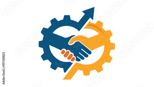Professional business merger vector icon illustration showing two interlocking gears with a handshake and an upward arrow, representing strategic partnership, teamwork, growth, and synergy.