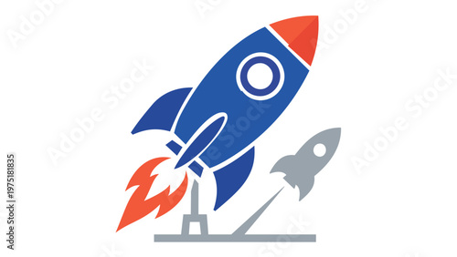 Vibrant vector icon illustration of a blue rocket ship launching upwards with orange flames, symbolizing business strategy, startup growth, innovation, and rapid success in a flat style.