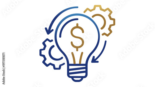 Professional business strategy and financial innovation vector icon illustration featuring a light bulb with a dollar sign, gears, and circular arrows representing corporate growth and process.