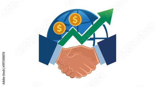 Global business strategy vector icon illustration featuring a professional handshake, world globe, gold dollar coins, and a green upward growth arrow representing corporate vision and success.