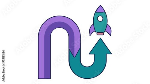 Business growth and long term strategy vector icon illustration with a curved arrow path leading to a rocket launch, representing startup success, progress, and goal achievement in flat style.