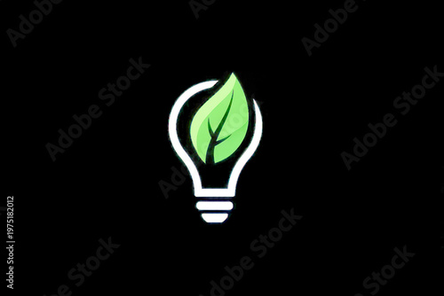 Illustration of a glowing light bulb with a vibrant green leaf inside symbolizing eco-friendly energy and sustainable innovation on a black background