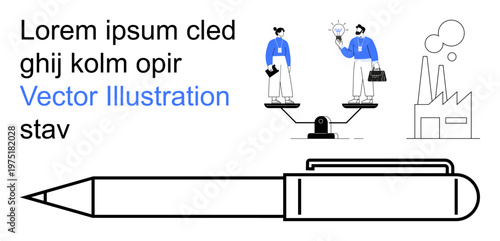 Business ethics, career choices, industrial relations, economic decisions, team balance, workplace dynamics. Two professionals balanced on a scale, factory illustration pen sketch. Business ethics