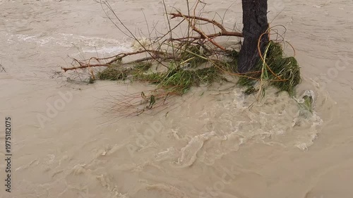 Flooded river landscape after heavy rainfall