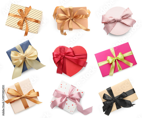 Gift boxes isolated on white, set. Top view