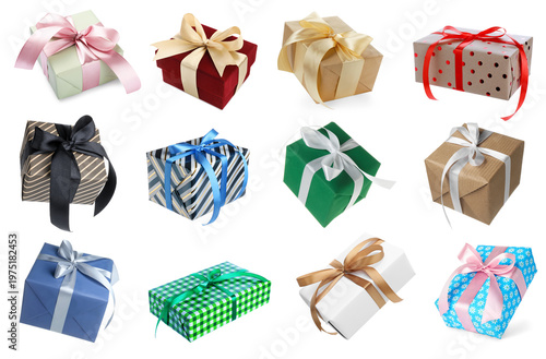 Gift boxes with bows isolated on white, set