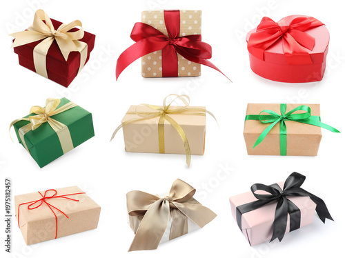 Gift boxes with bows isolated on white, set