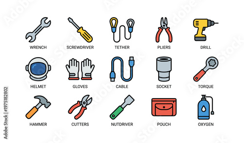 Colorful set of industrial tools and equipment icons on white background
