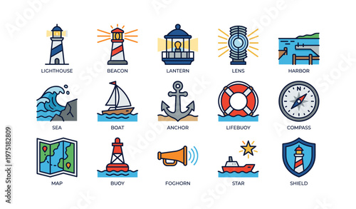 Nautical icons: lighthouse, anchor, compass, lifebuoy, boat, lantern, sea, map, shield, foghorn
