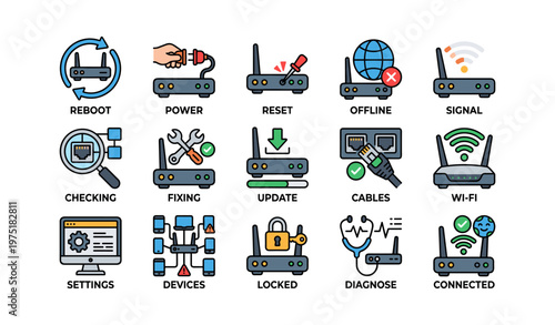 Router symbols: reboot, power, reset, offline, signal, checking, fixing, update, cables