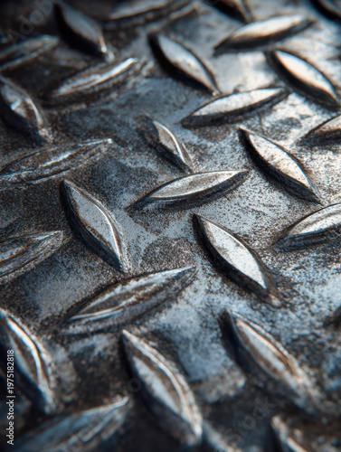 Detailed view of metal diamond plate surface showing textured raised patterns with industrial and rugged steel design for traction and durability