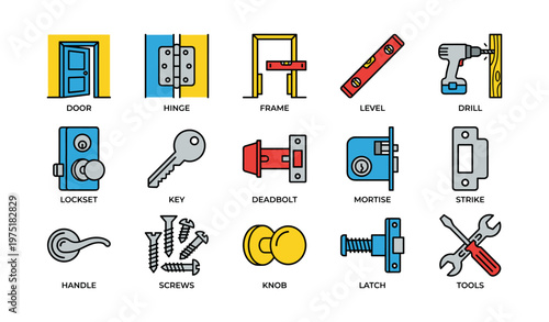 Collection of door and hardware tools including drill, level, and hinge