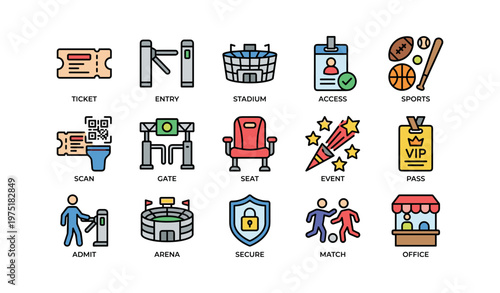 Colorful event icons featuring tickets, stadium, sports, vip pass, and office setup