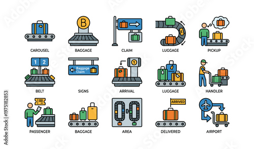 Luggage and baggage handling icons: airport arrival, claims, and carousel symbols