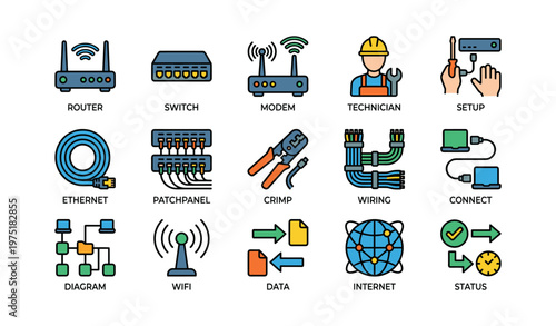 Network components and setup icons featuring router, switch, modem, technician, ethernet, wifi, and more