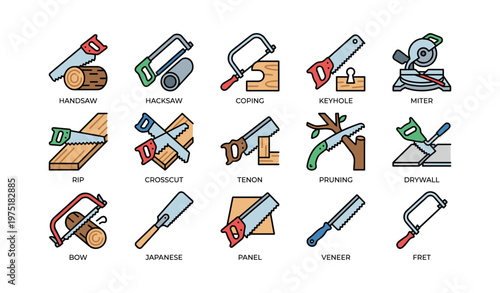 Various types of saws illustrated in a colorful collection
