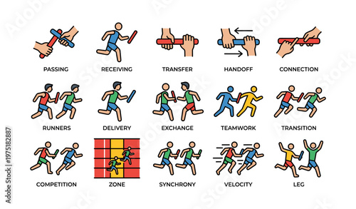 Icon set depicting relay race concepts: passing, receiving, transition, teamwork