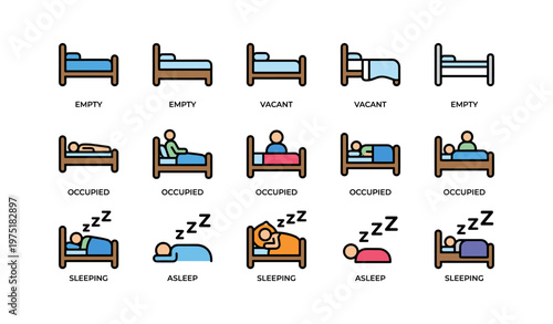 Empty vacant beds icon set with occupied and sleeping illustrations