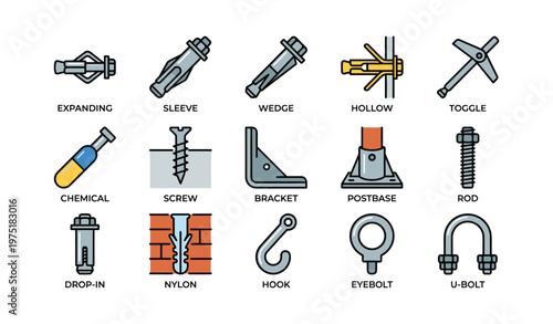 Various types of fasteners and anchors for construction and diy projects