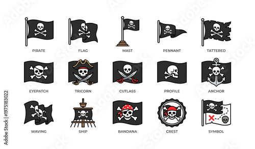 Various pirate flags and symbols with skulls and crossbones