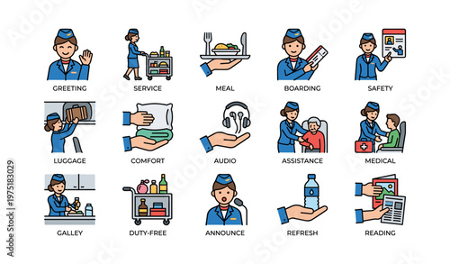 Airline cabin crew duties and services illustrated in various contexts