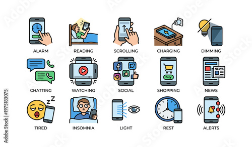 Smartphone activity icons: alarm, reading, scrolling, charging, social media, shopping, news alerts