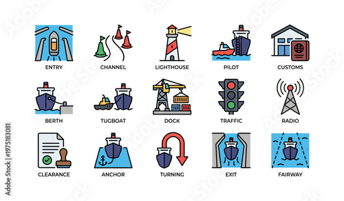 Maritime navigation icons: lighthouse to fairway lightning guide