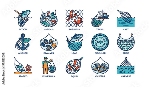 Set of 16 fishing marine icons including fisherman, seafood, and nets