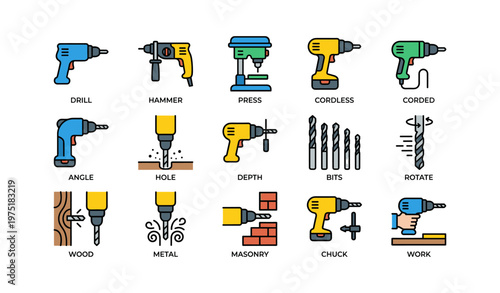Colorful icon set of various drills and drill bit functions