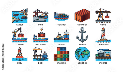 Shipping and logistics icons: harbor, port, containers, crane, tugboat, lighthouse