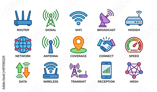Illustrated communication icons: router, antenna, wifi, satellite, network technology