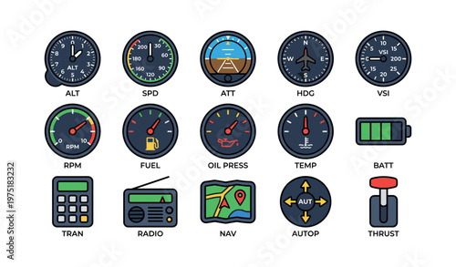 Aeronautical instruments icons set for navigation and control display