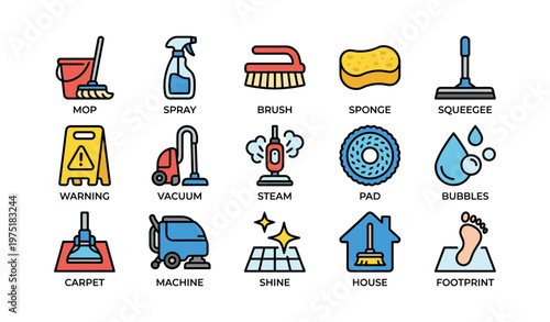 Cleaning tools and equipment icons with mop, vacuum, and bubbles