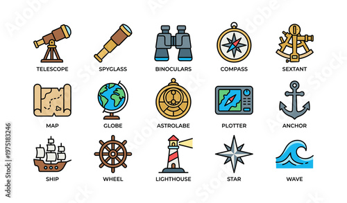 Nautical navigation tools: telescope, binoculars, compass, sextant, anchor, map, globe