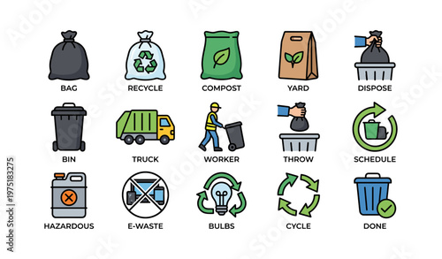 Waste management icons: recycling, composting, disposal, and more