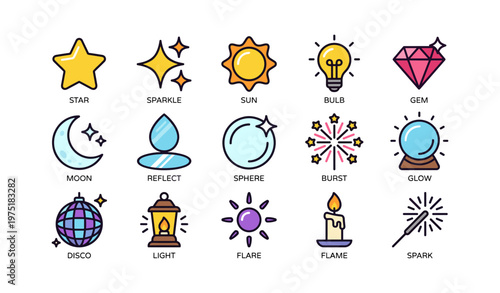 Illustrated symbols of celestial and decorative icons with star, sun, moon, and light elements