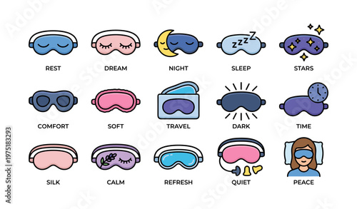 Assorted sleep masks: rest, dream, and relaxation icons collection