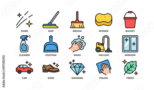Cleaning tools and icons: mop, broom, sponge, vacuum, polishing cloth, cleaner