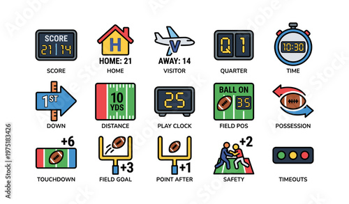 American football icons: score, timers, and gameplay elements illustrated
