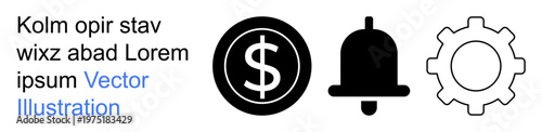 Financial management, notifications, tools, business services, digital systems, organizational workflow. Black dollar sign, bell and white gear icons. Financial tools and notification settings