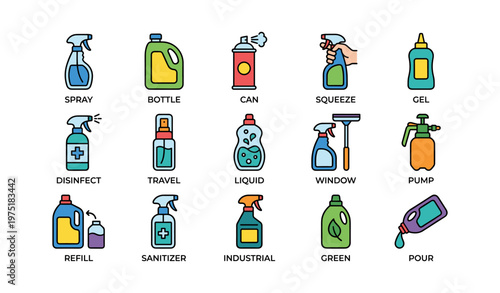 Assorted cleaning supplies: spray, bottle, can, gel, pump, refill