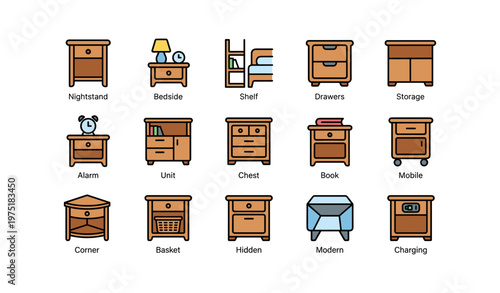 Various bedroom furniture icons: nightstand, bedside, shelf, drawers, storage