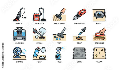 Cleaning equipment icons: vacuum, steamer, handheld, robot, and more