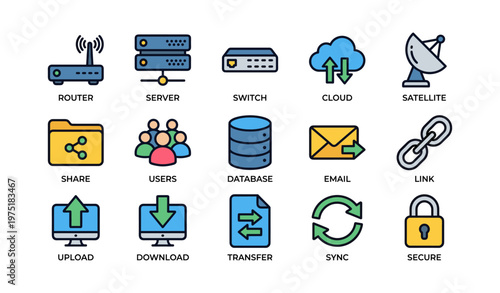 Technology icons collection: router, cloud, server, database, security, transfer