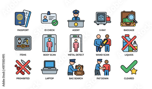 Airport security checkpoints and procedures icon set