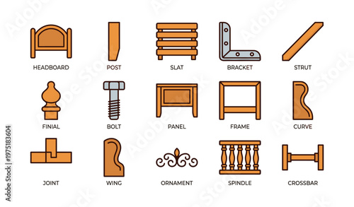 Furniture component icons: headboard, bolt, spindle, bracket, ornament overview
